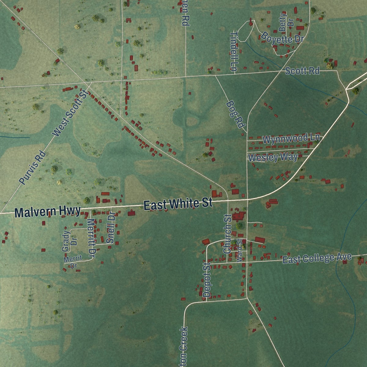 Second close-up of the map of Malvern, Alabama print showing more streets and buildings