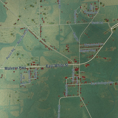 Second close-up of the map of Malvern, Alabama print showing more streets and buildings