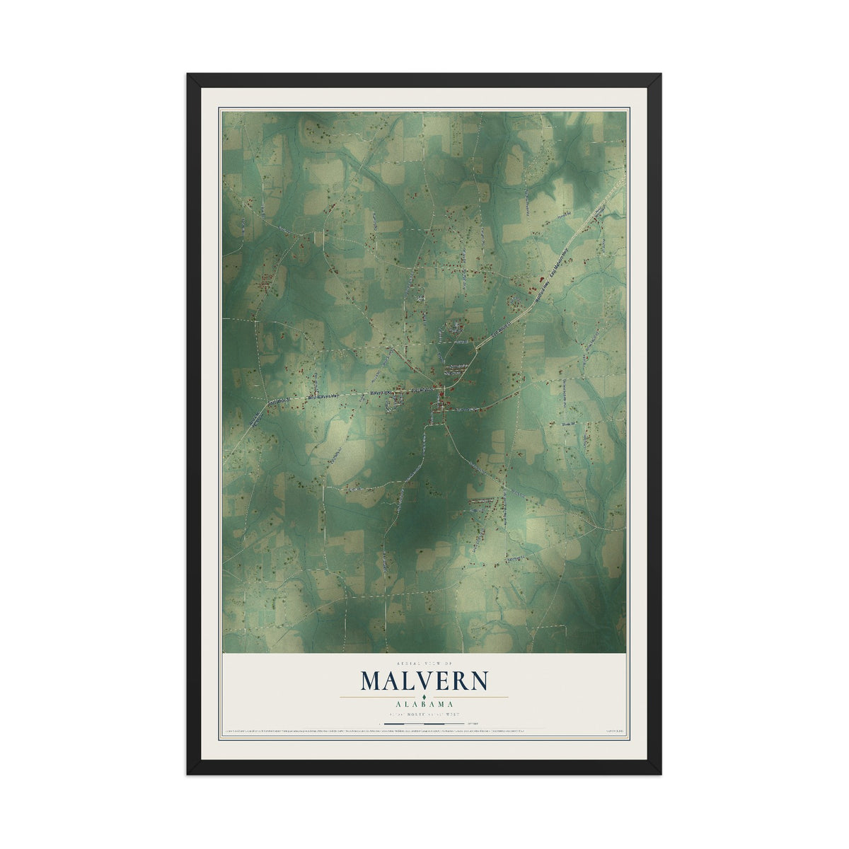 Map of Malvern, Alabama, 12 x 18 inch print in a black wood frame