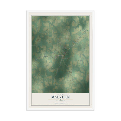 Map of Malvern, Alabama, 12 x 18 inch print in a white wood frame