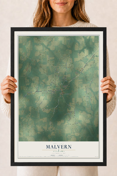 Map of Malvern, Alabama, 18 x 24 inch print in a black wood frame