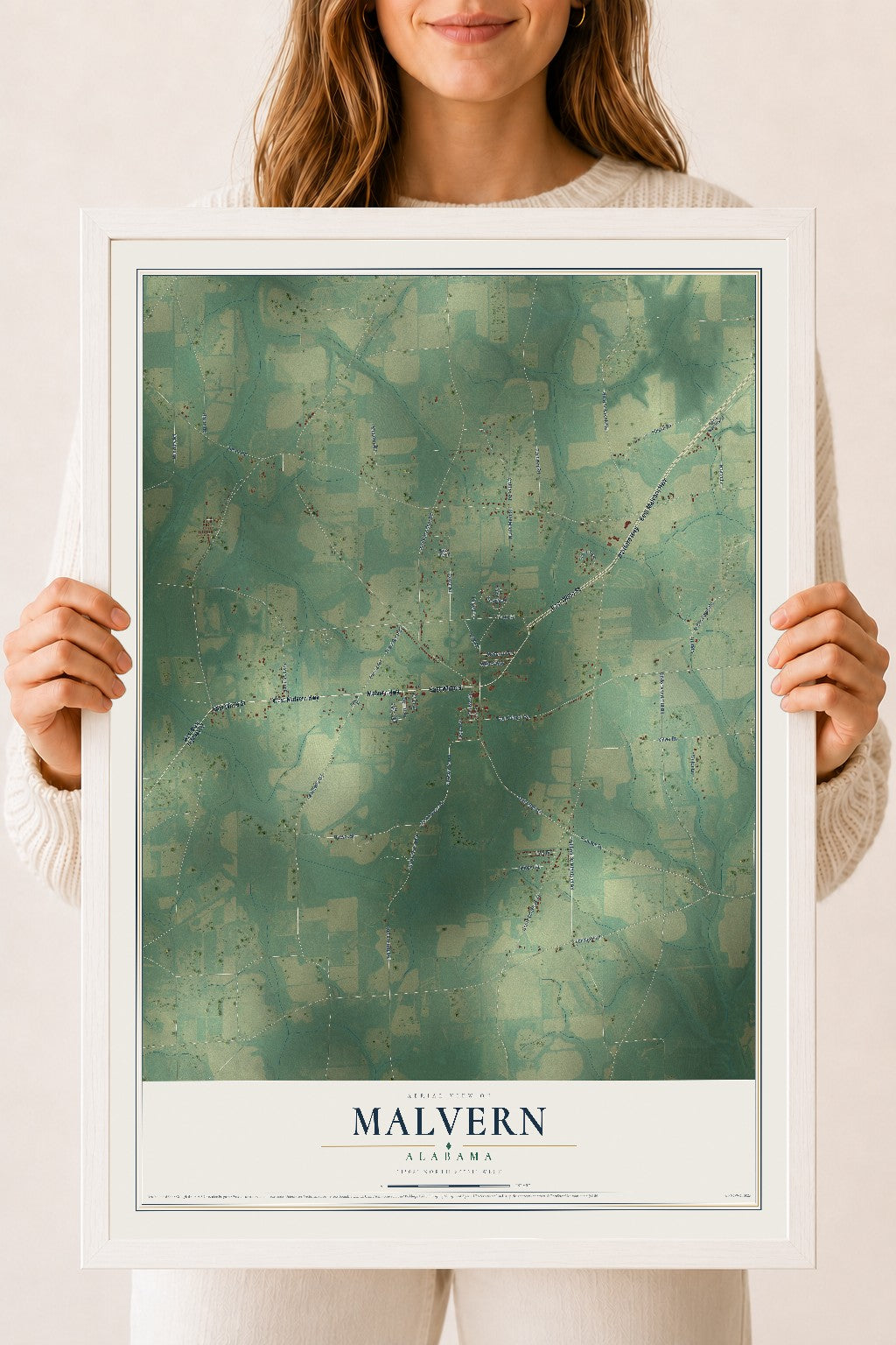 Map of Malvern, Alabama, 18 x 24 inch print in a white wood frame