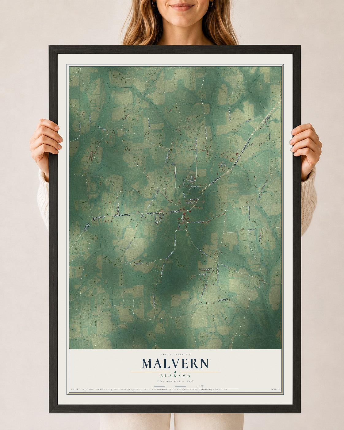 Map of Malvern, Alabama, 24 x 36 inch print in a black wood frame