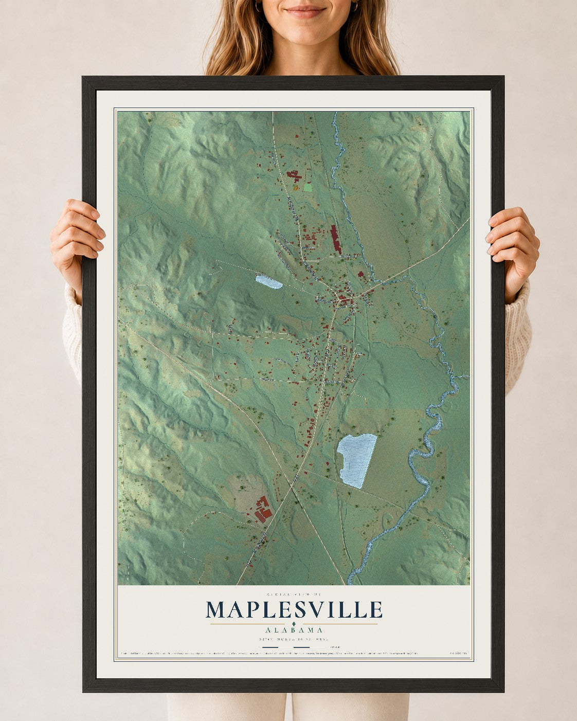 Map of Maplesville, Alabama, 24 x 36 inch print in a black wood frame