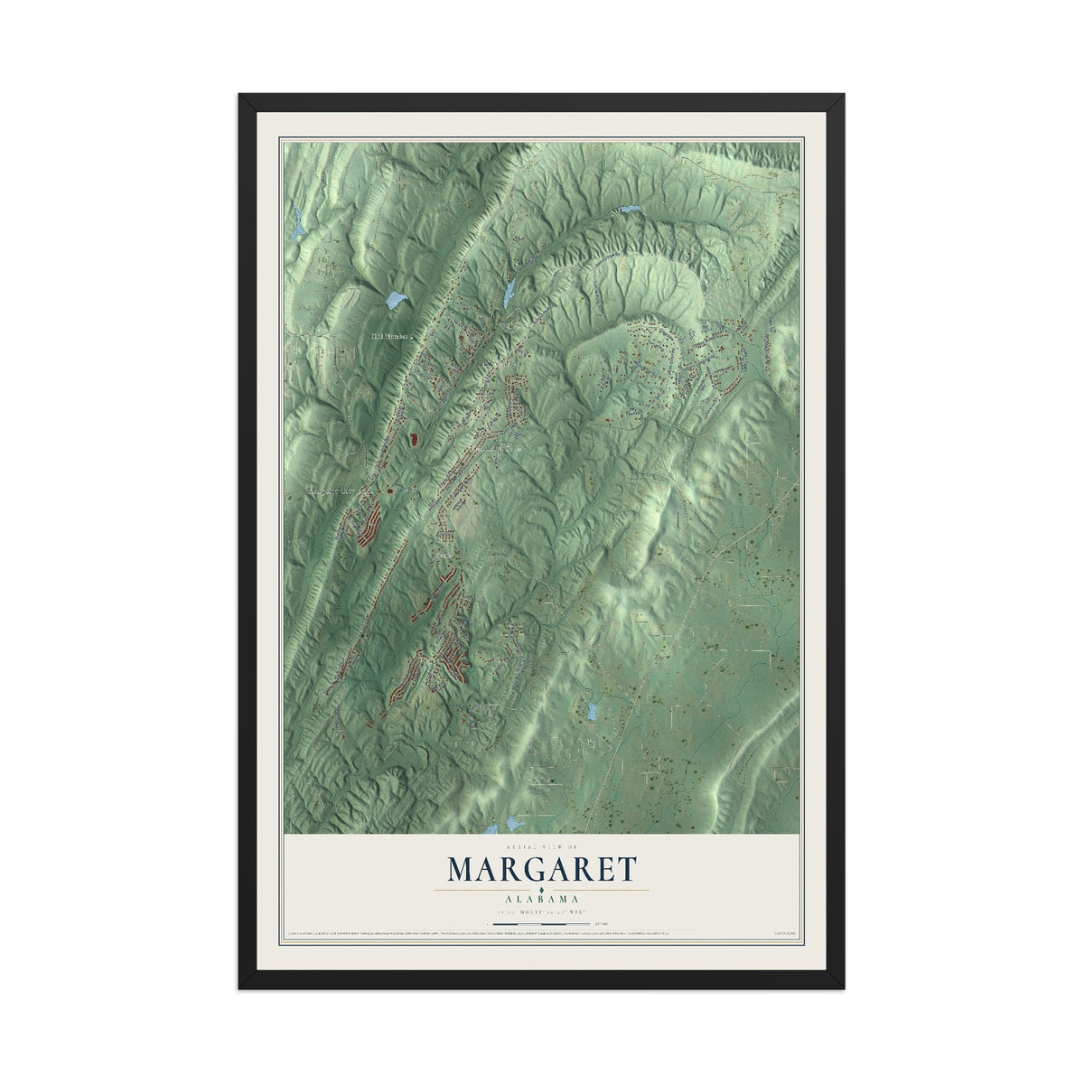 Map of Margaret, Alabama, 12 x 18 inch print in a black wood frame