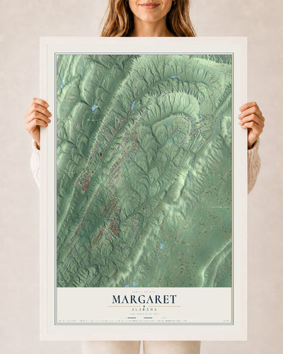 Map of Margaret, Alabama, 24 x 36 inch print in a white wood frame