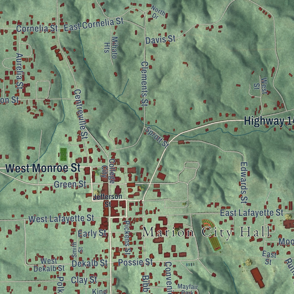 Close-up of the map of Marion, Alabama print showing street and building detail