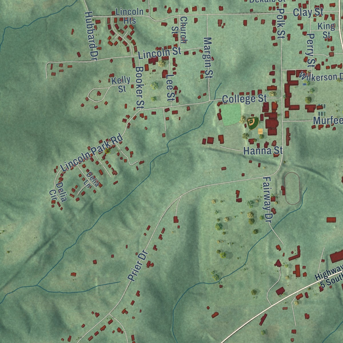 Second close-up of the map of Marion, Alabama print showing more streets and buildings