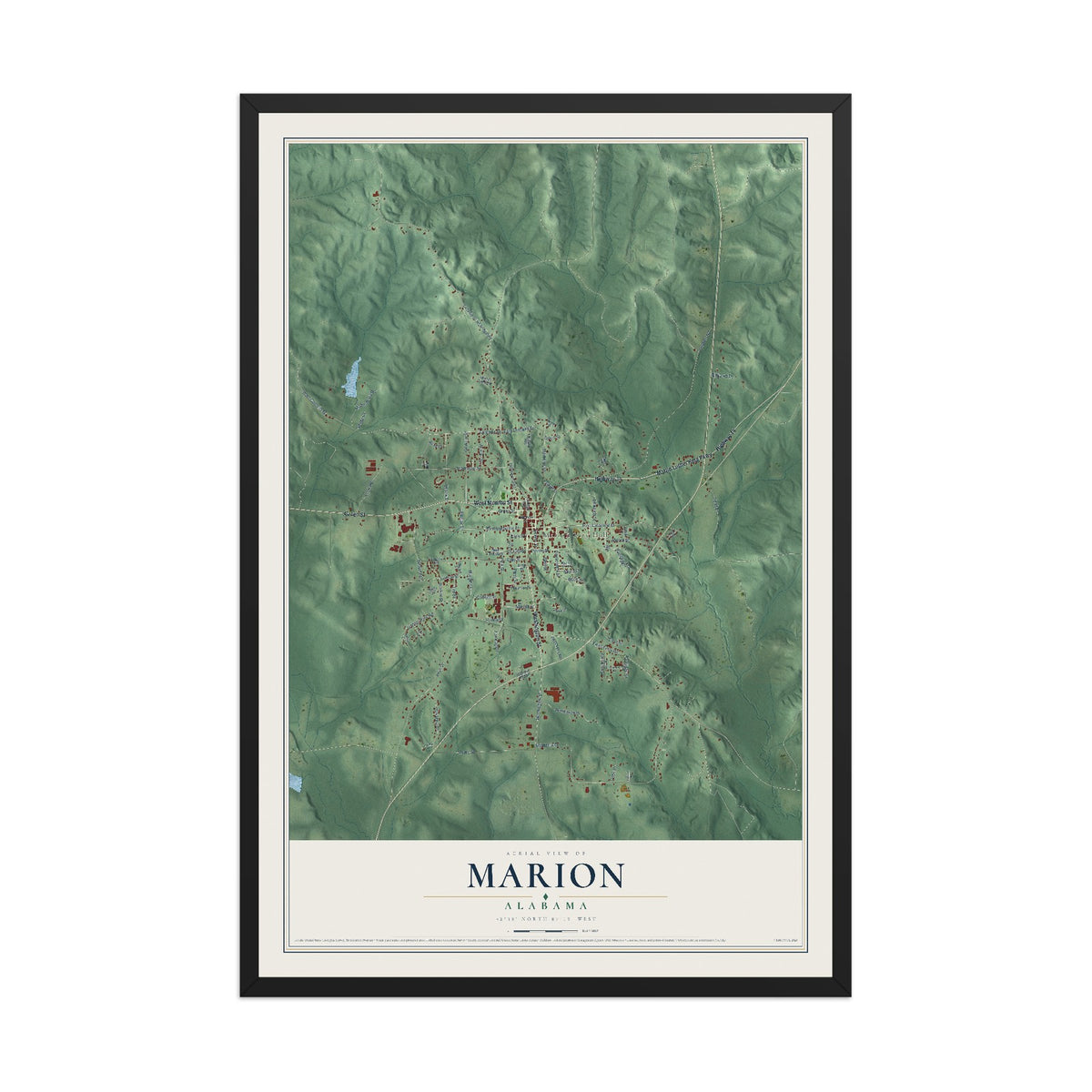 Map of Marion, Alabama, 12 x 18 inch print in a black wood frame