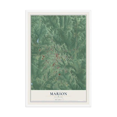 Map of Marion, Alabama, 12 x 18 inch print in a white wood frame