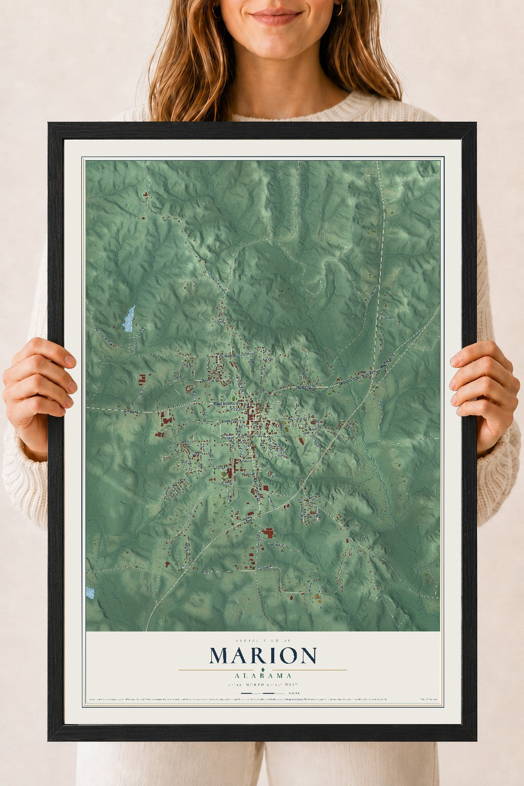 Map of Marion, Alabama, 18 x 24 inch print in a black wood frame