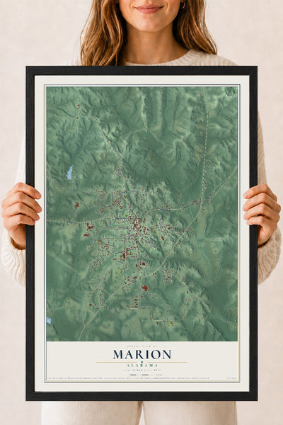 Map of Marion, Alabama, 18 x 24 inch print in a black wood frame