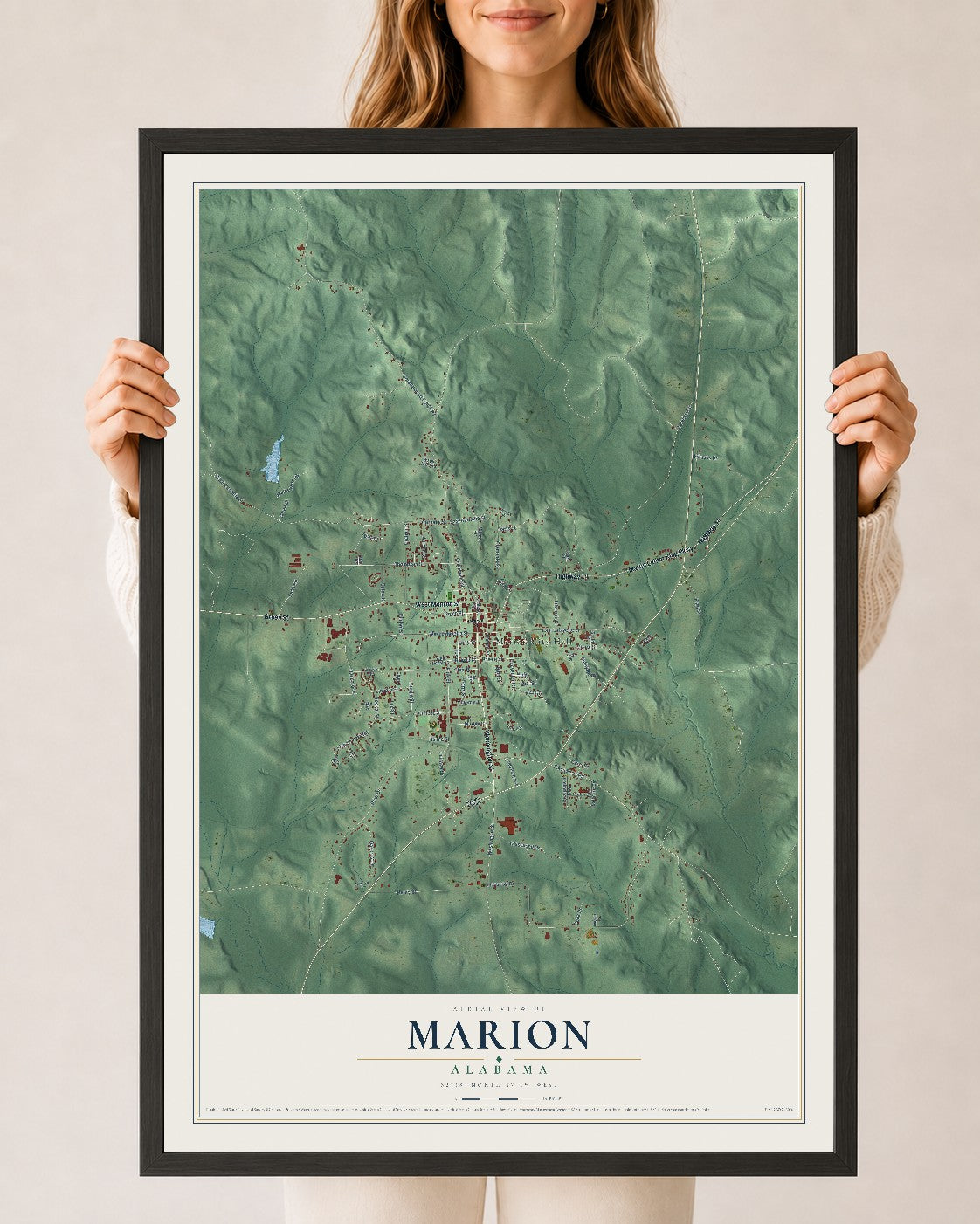 Map of Marion, Alabama, 24 x 36 inch print in a black wood frame