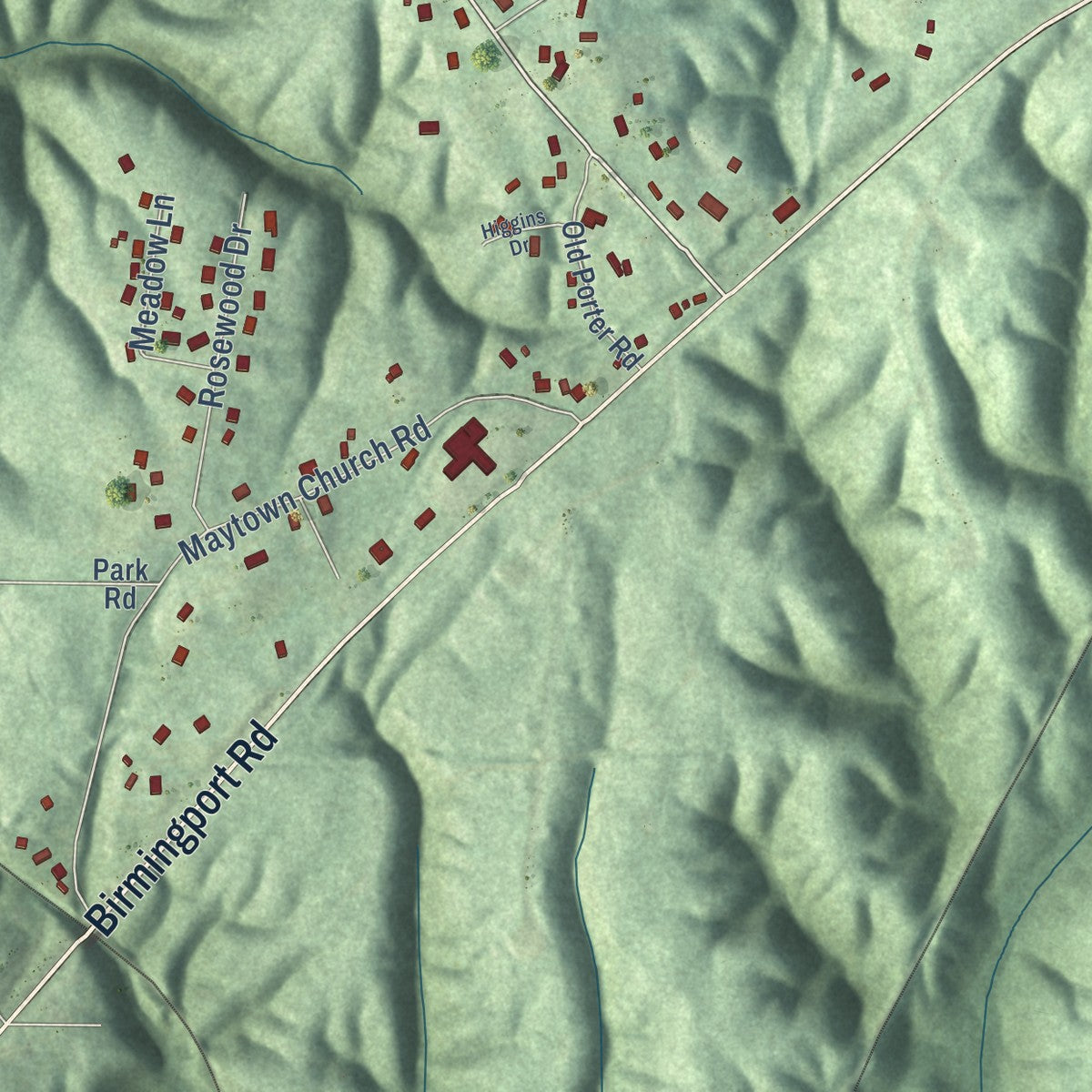 Close-up of the map of Maytown, Alabama print showing street and building detail
