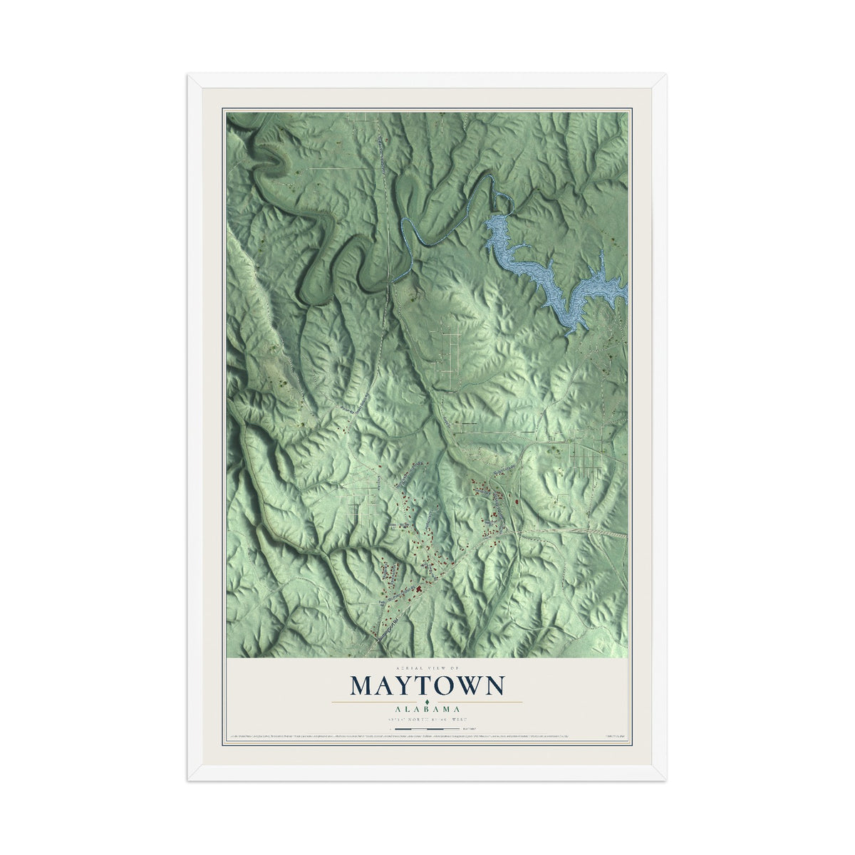 Map of Maytown, Alabama, 12 x 18 inch print in a white wood frame