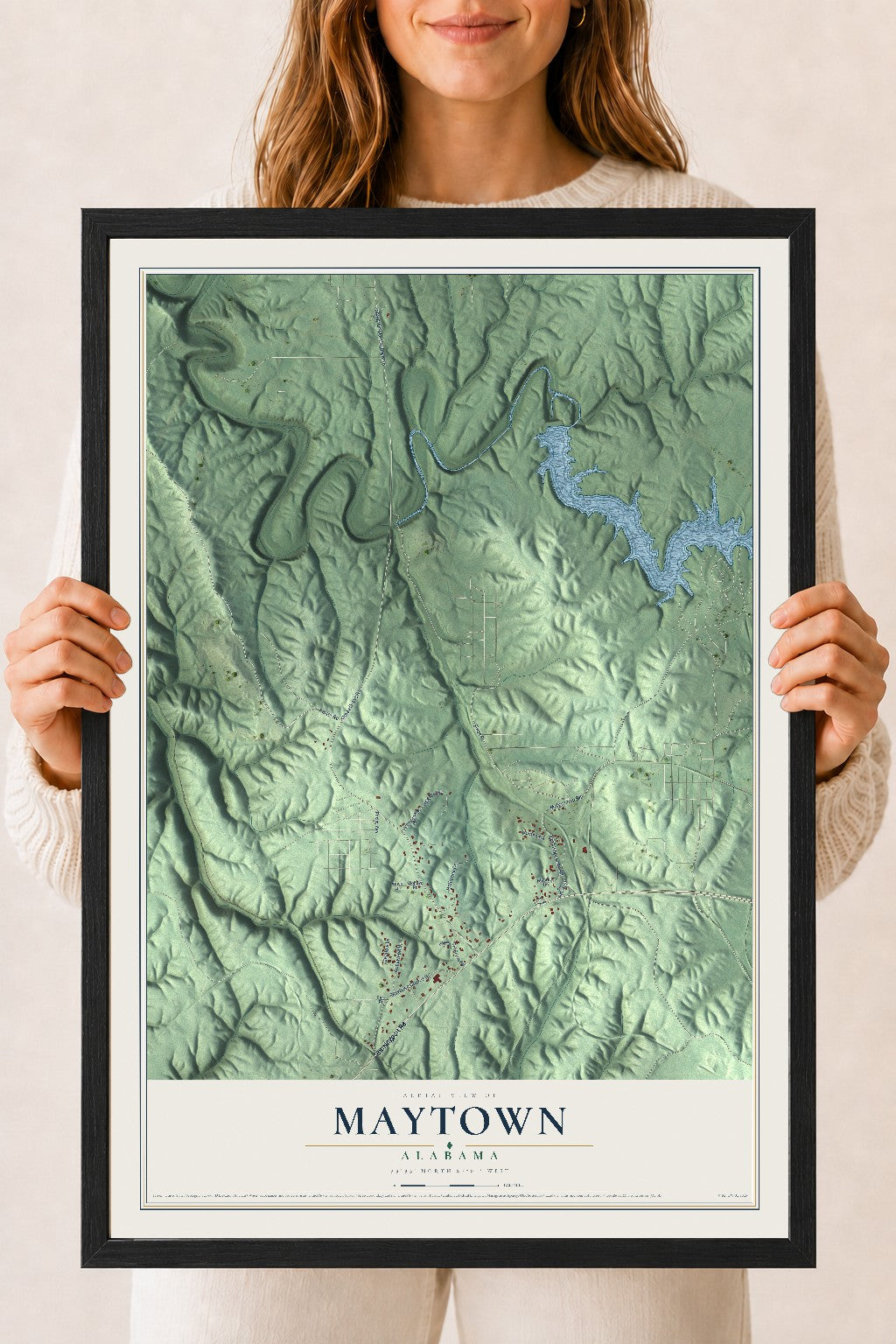 Map of Maytown, Alabama, 18 x 24 inch print in a black wood frame