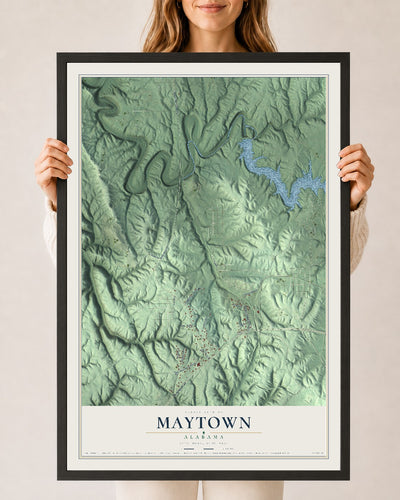 Map of Maytown, Alabama, 24 x 36 inch print in a black wood frame