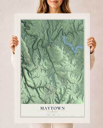 Map of Maytown, Alabama, 24 x 36 inch print in a white wood frame
