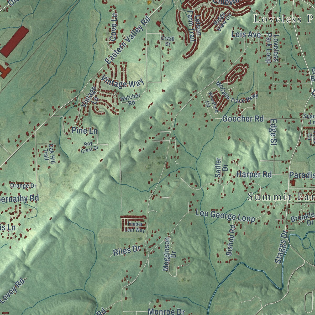 Second close-up of the map of McCalla, Alabama print showing more streets and buildings