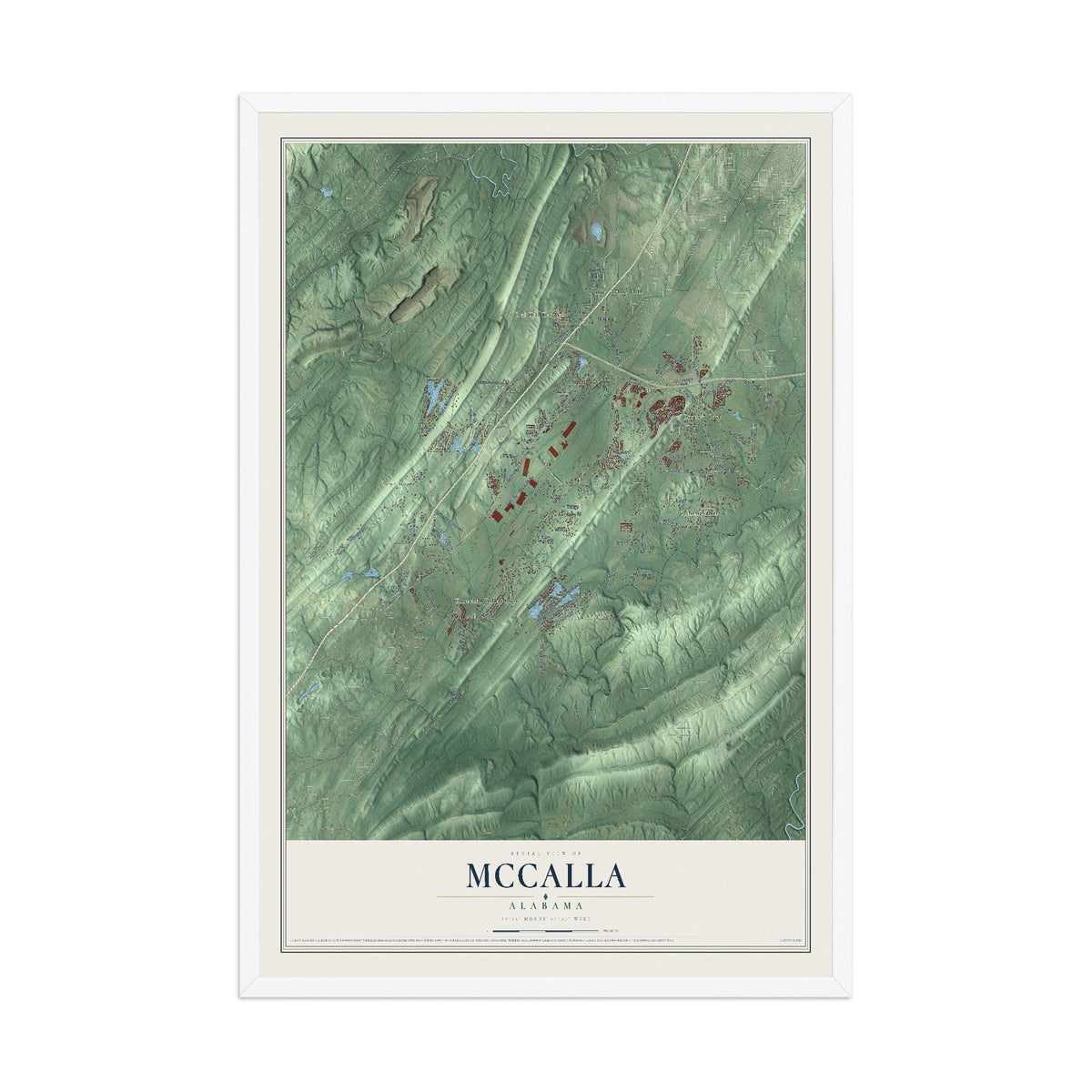 Map of McCalla, Alabama, 12 x 18 inch print in a white wood frame