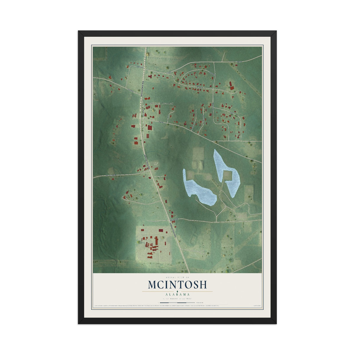 Map of McIntosh, Alabama, 12 x 18 inch print in a black wood frame