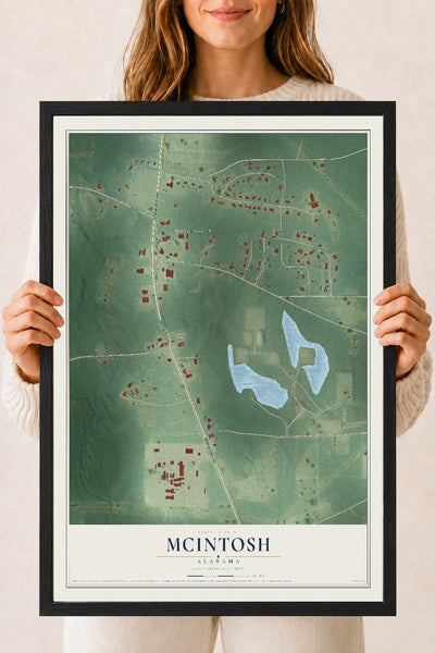 Map of McIntosh, Alabama, 18 x 24 inch print in a black wood frame