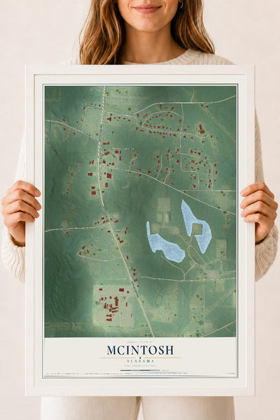 Map of McIntosh, Alabama, 18 x 24 inch print in a white wood frame