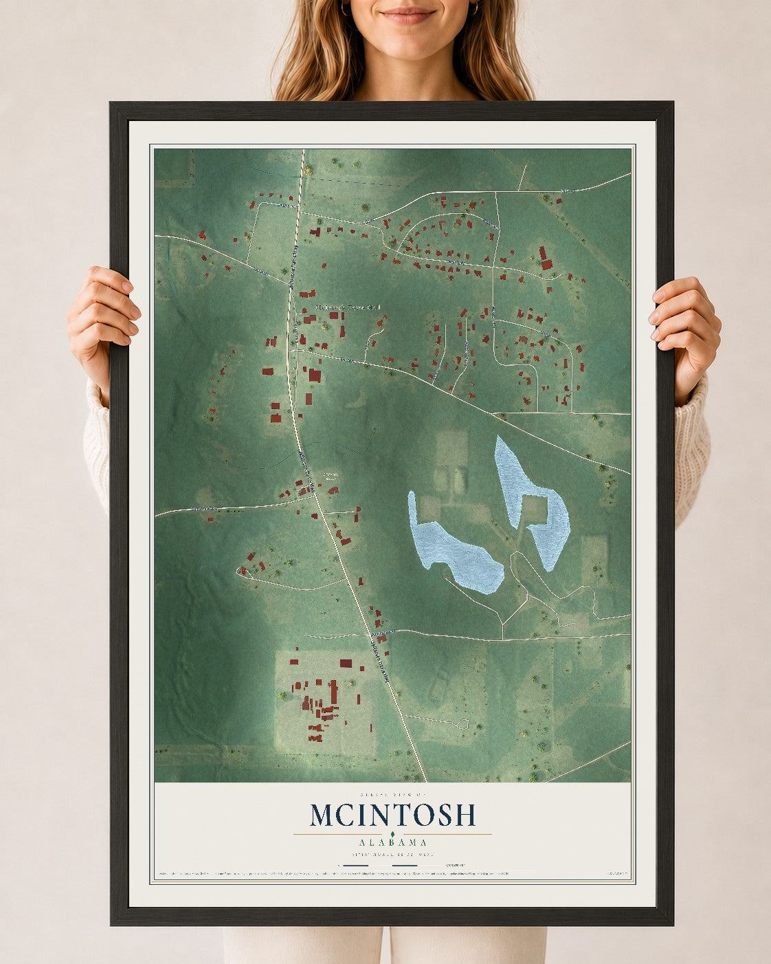Map of McIntosh, Alabama, 24 x 36 inch print in a black wood frame
