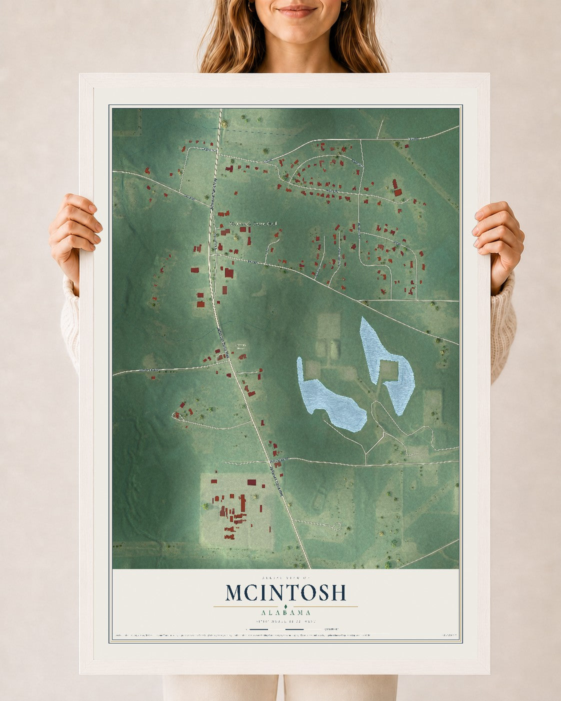Map of McIntosh, Alabama, 24 x 36 inch print in a white wood frame