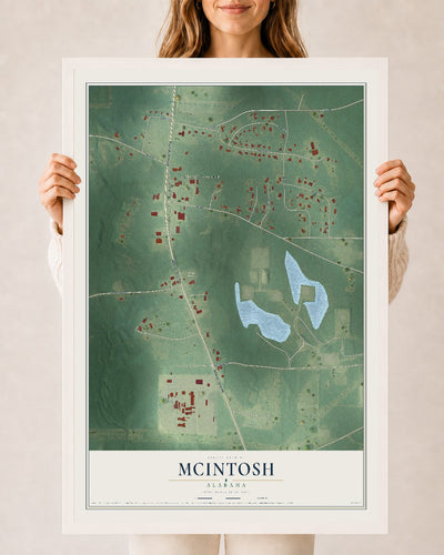 Map of McIntosh, Alabama, 24 x 36 inch print in a white wood frame