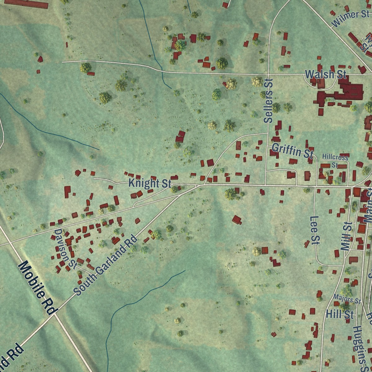 Close-up of the map of McKenzie, Alabama print showing street and building detail