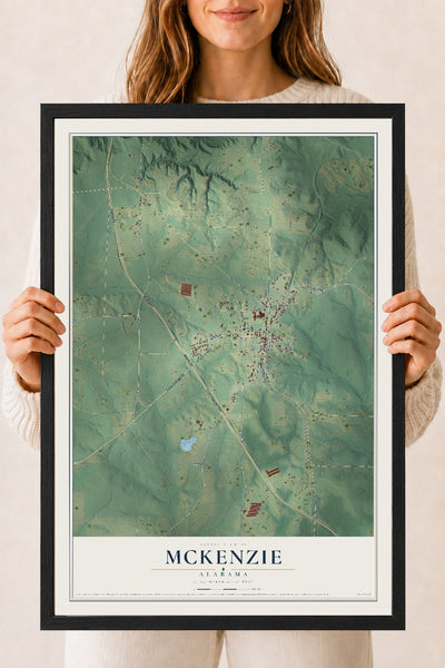 Map of McKenzie, Alabama, 18 x 24 inch print in a black wood frame
