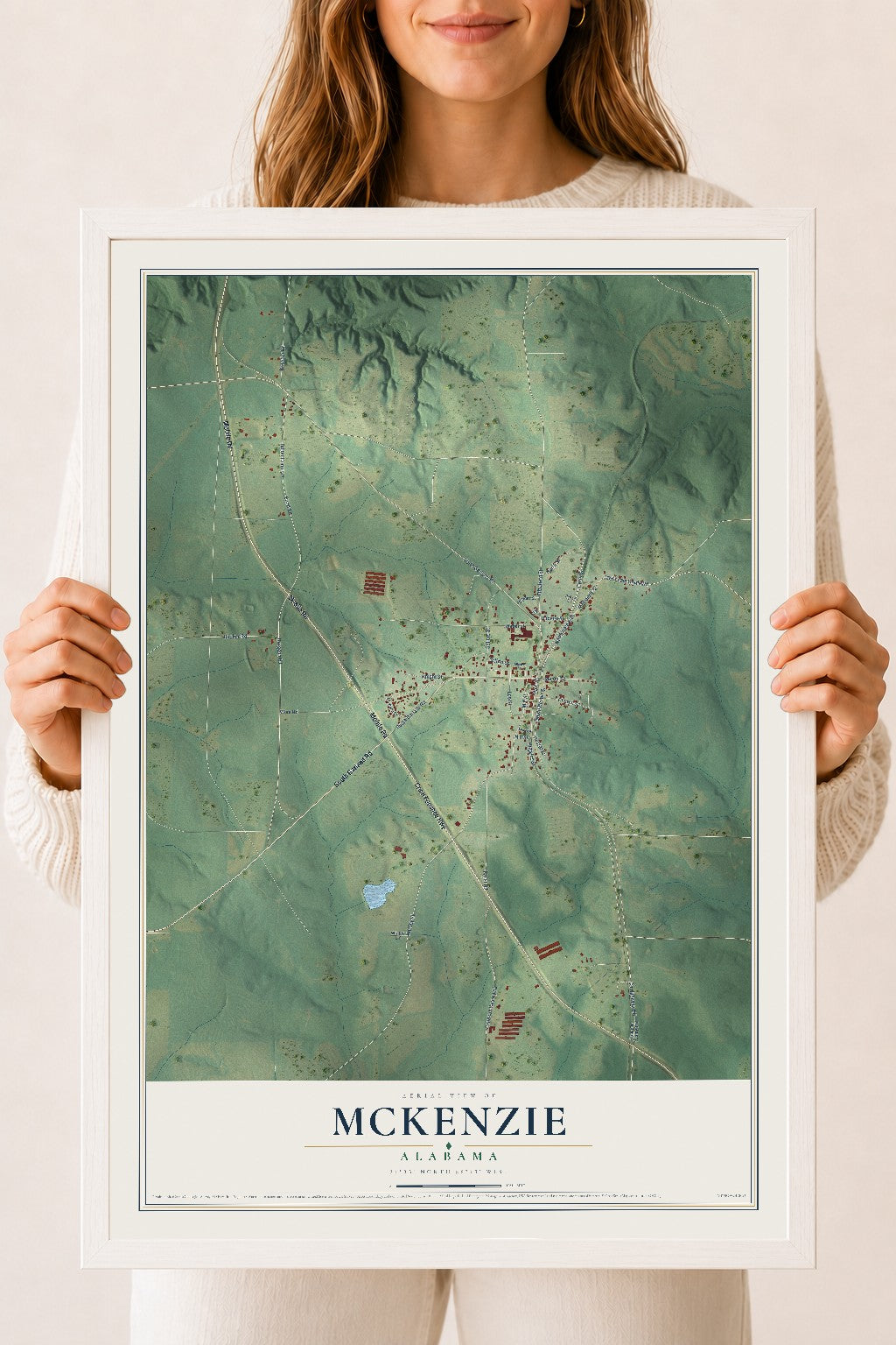 Map of McKenzie, Alabama, 18 x 24 inch print in a white wood frame