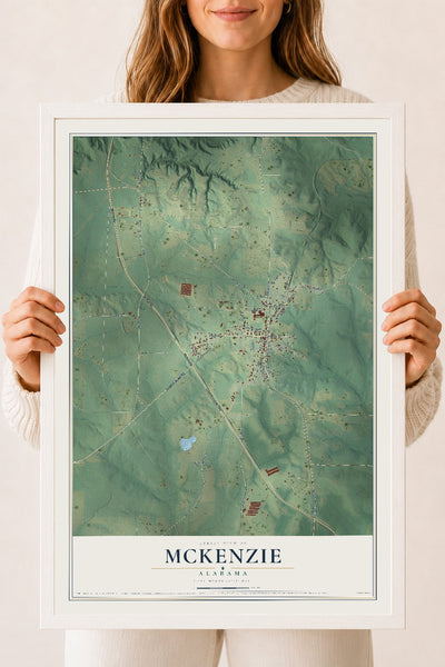 Map of McKenzie, Alabama, 18 x 24 inch print in a white wood frame