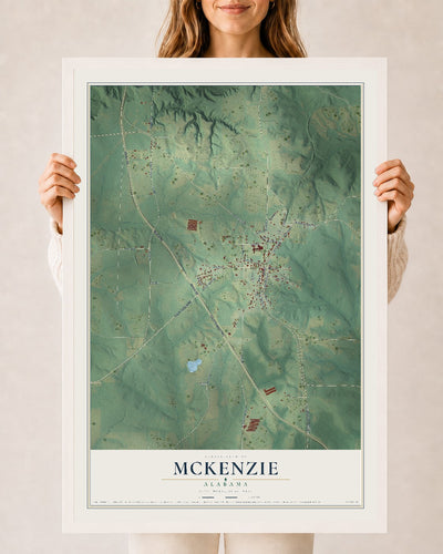 Map of McKenzie, Alabama, 24 x 36 inch print in a white wood frame