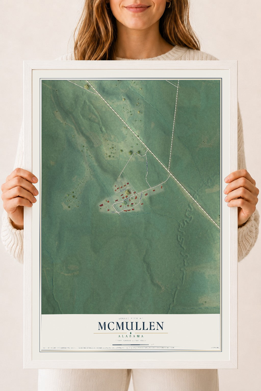 Map of McMullen, Alabama, 18 x 24 inch print in a white wood frame
