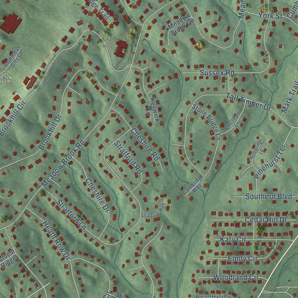 Close-up of the map of Meadowbrook, Alabama print showing street and building detail