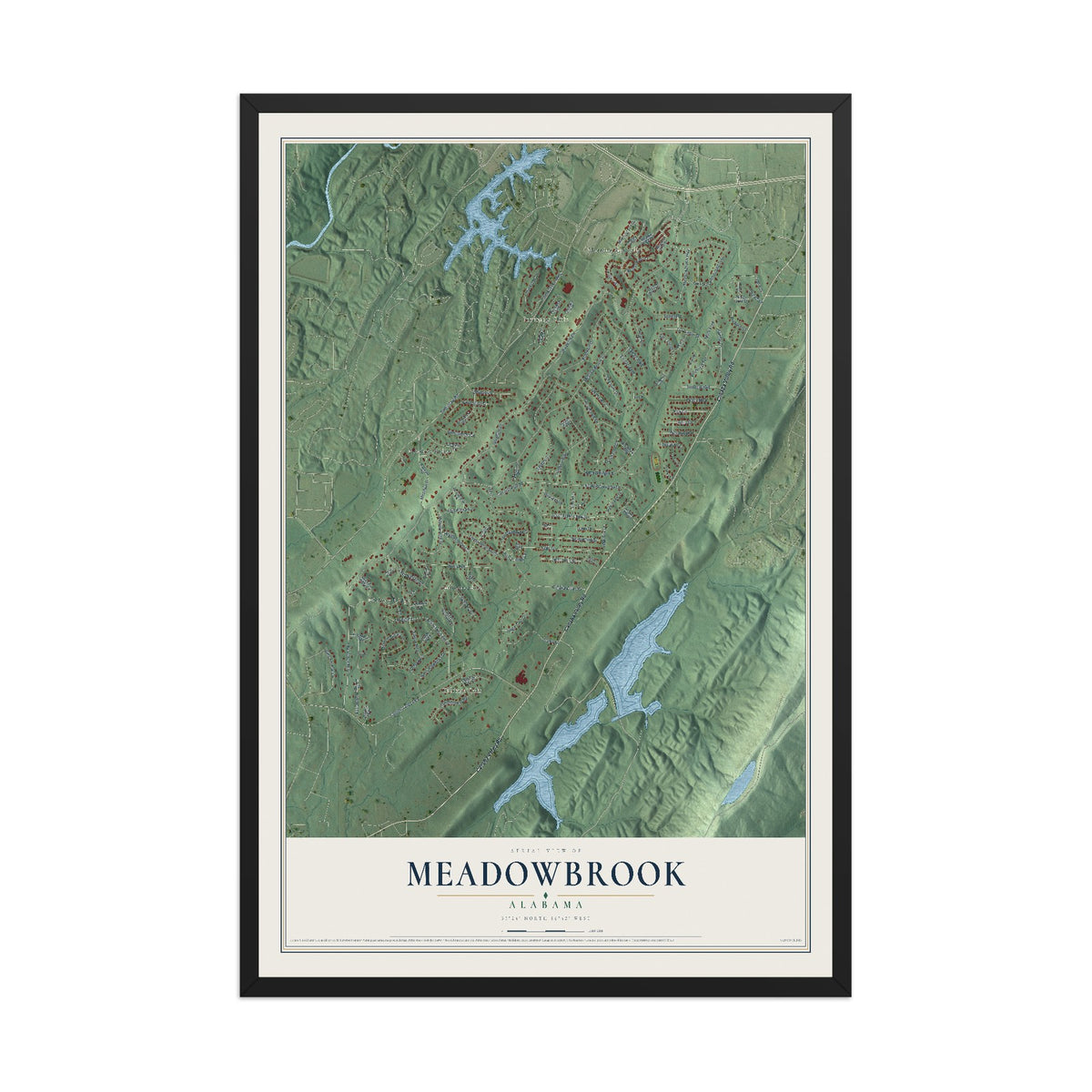 Map of Meadowbrook, Alabama, 12 x 18 inch print in a black wood frame