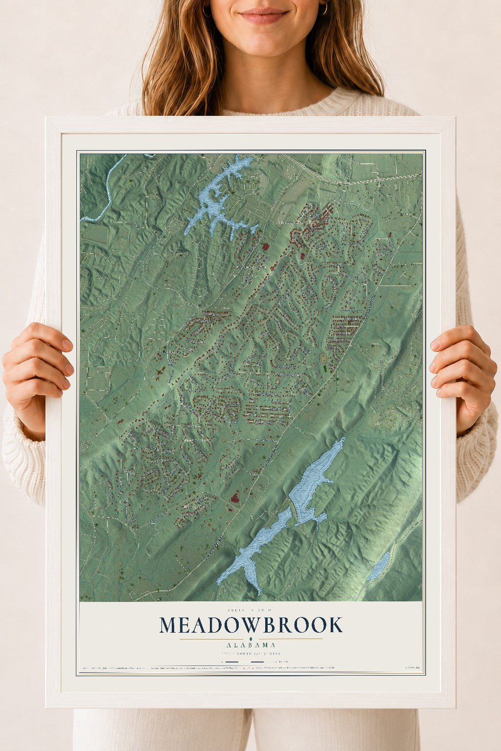 Map of Meadowbrook, Alabama, 18 x 24 inch print in a white wood frame