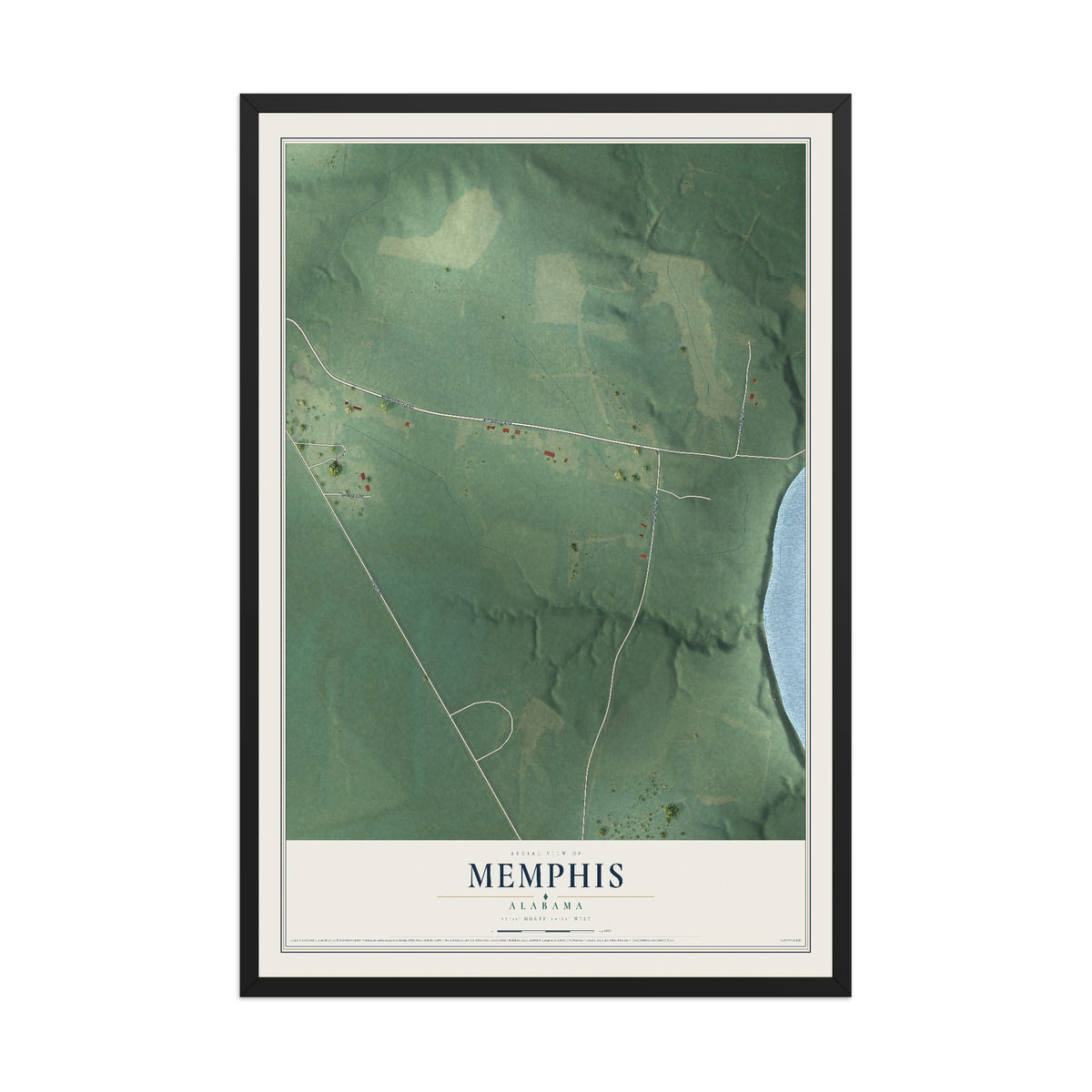 Map of Memphis, Alabama, 12 x 18 inch print in a black wood frame