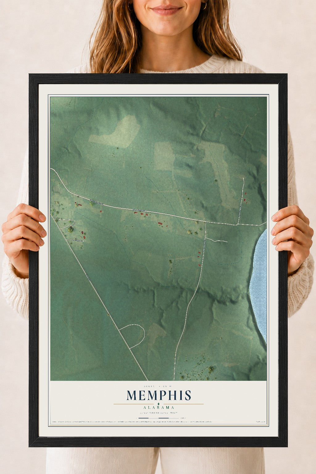 Map of Memphis, Alabama, 18 x 24 inch print in a black wood frame