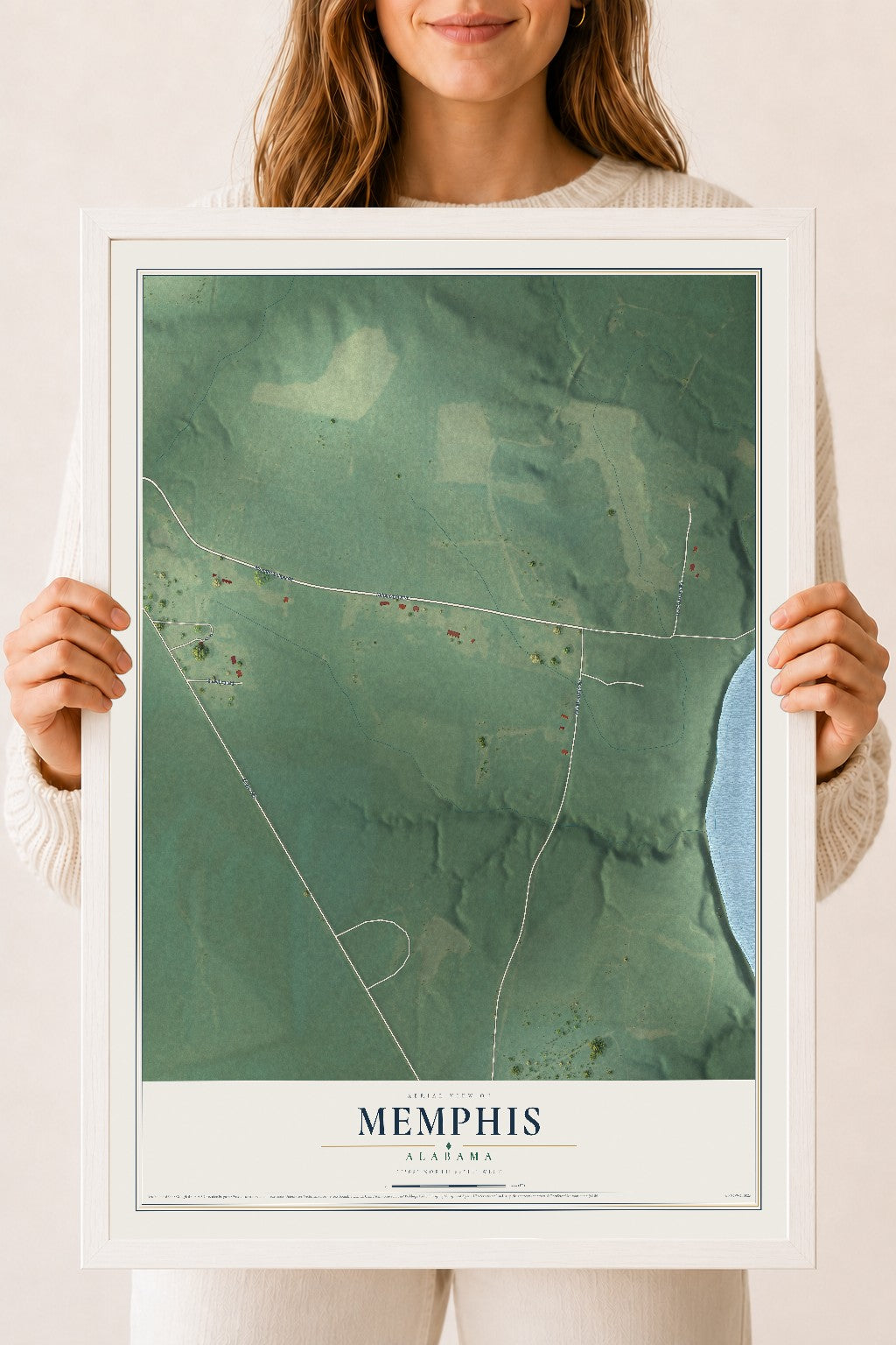 Map of Memphis, Alabama, 18 x 24 inch print in a white wood frame