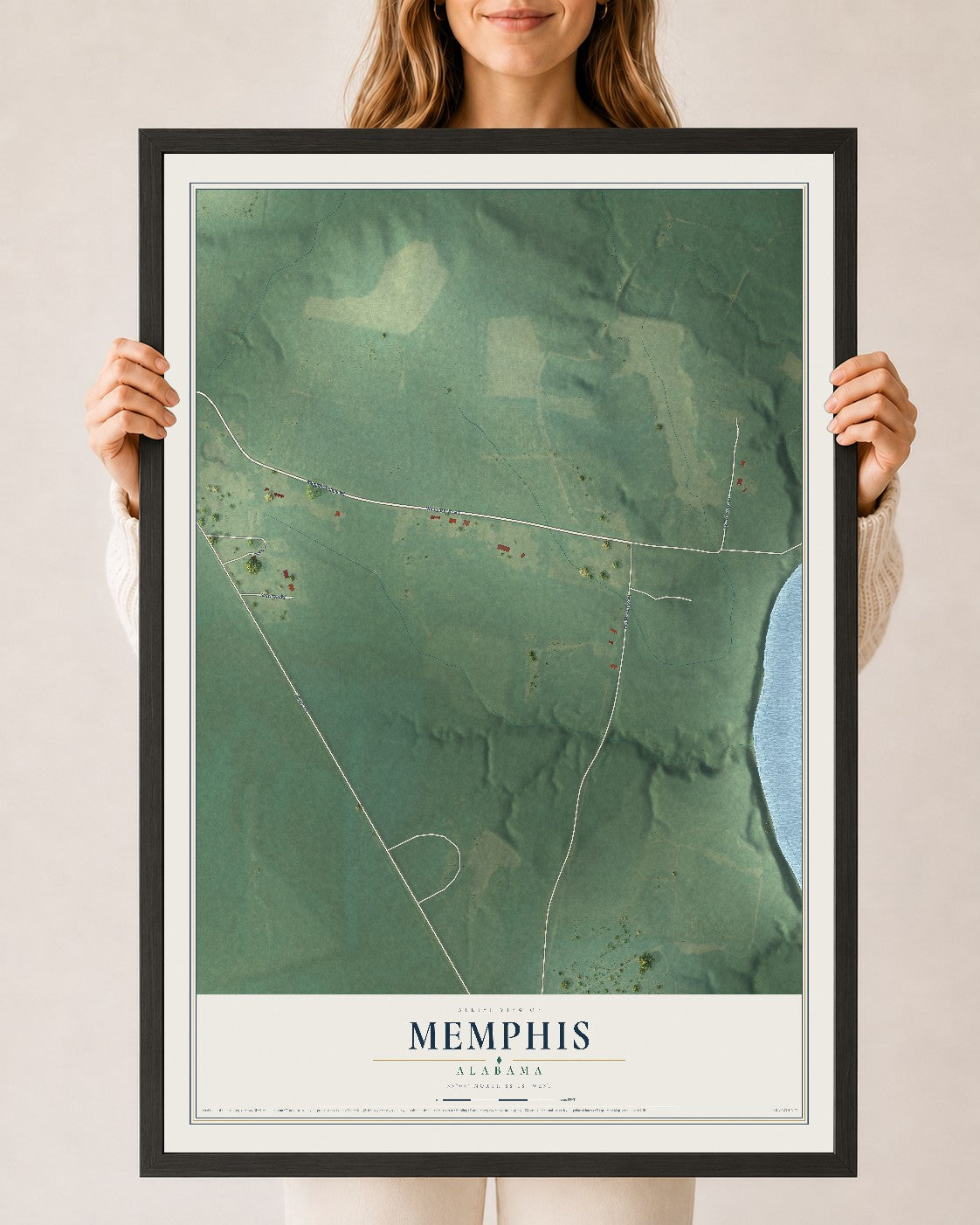 Map of Memphis, Alabama, 24 x 36 inch print in a black wood frame