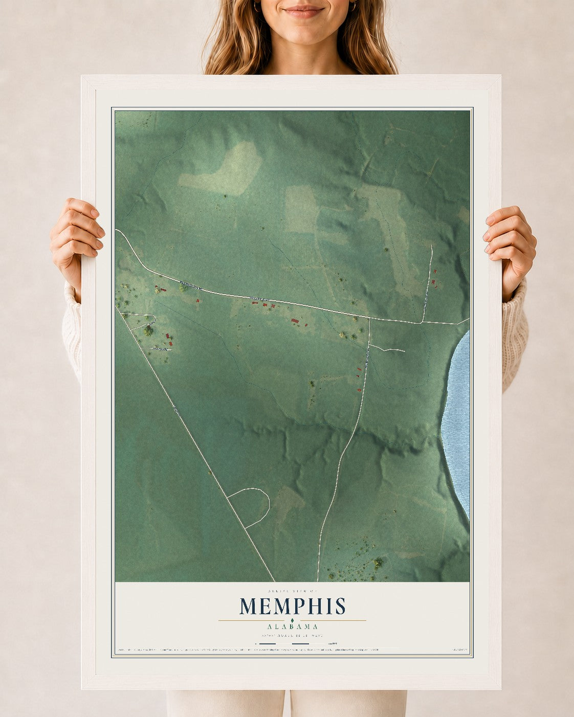 Map of Memphis, Alabama, 24 x 36 inch print in a white wood frame