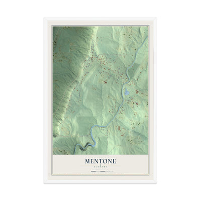 Map of Mentone, Alabama, 12 x 18 inch print in a white wood frame