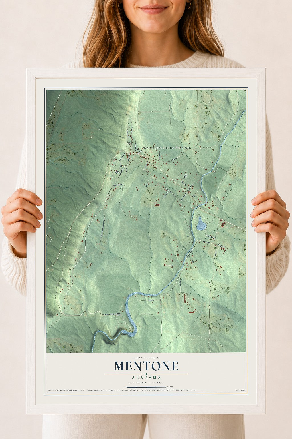 Map of Mentone, Alabama, 18 x 24 inch print in a white wood frame