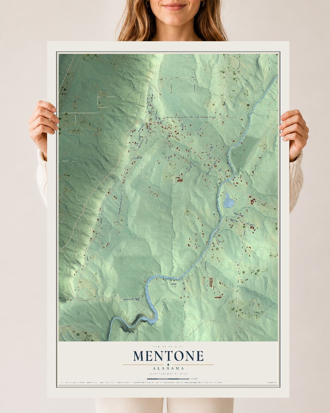 Map of Mentone, Alabama, 24 x 36 inch unframed archival matte print