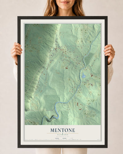Map of Mentone, Alabama, 24 x 36 inch print in a black wood frame
