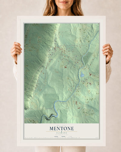 Map of Mentone, Alabama, 24 x 36 inch print in a white wood frame