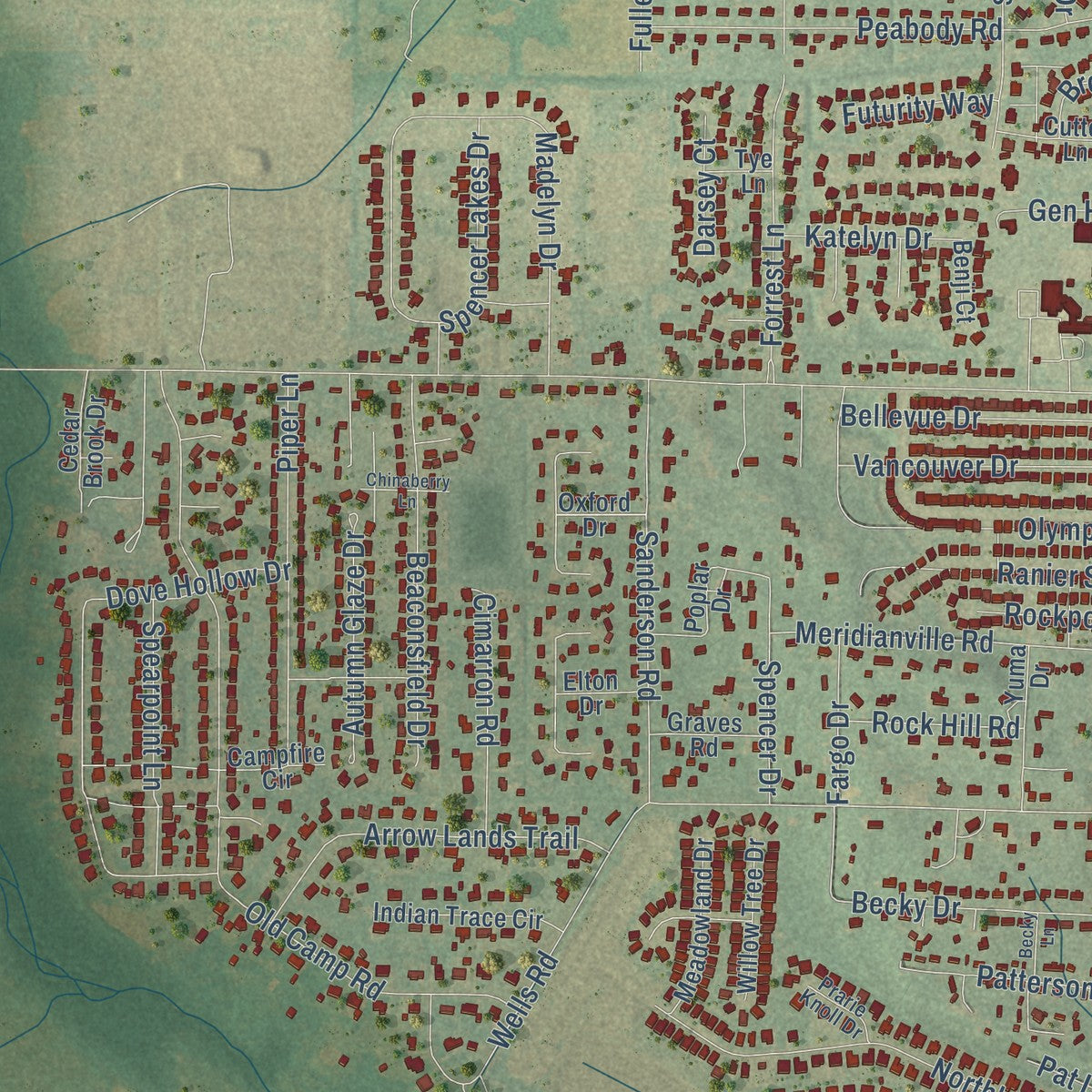 Close-up of the map of Meridianville, Alabama print showing street and building detail